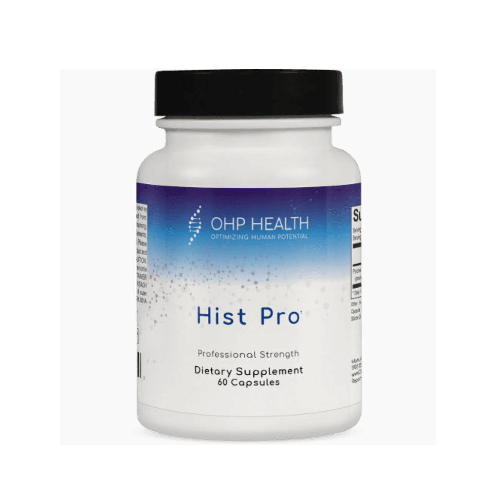 A white bottle labeled "Hist Pro | 60 Capsules" by OHP Health with a black cap, shown on a plain background; this dietary supplement is formulated to support histamine balance with diamine oxidase (DAO enzyme).