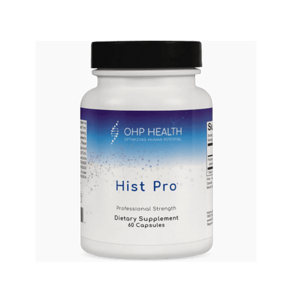 A white bottle labeled "Hist Pro | 60 Capsules" by OHP Health with a black cap, shown on a plain background; this dietary supplement is formulated to support histamine balance with diamine oxidase (DAO enzyme).