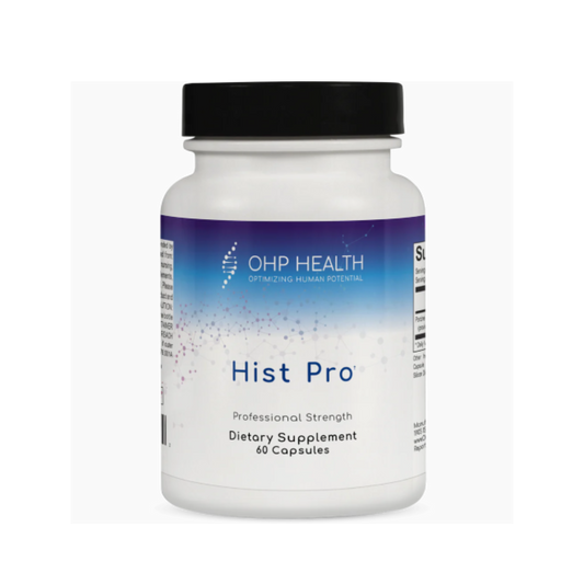 A white bottle labeled "Hist Pro | 60 Capsules" by OHP Health with a black cap, shown on a plain background; this dietary supplement is formulated to support histamine balance with diamine oxidase (DAO enzyme).