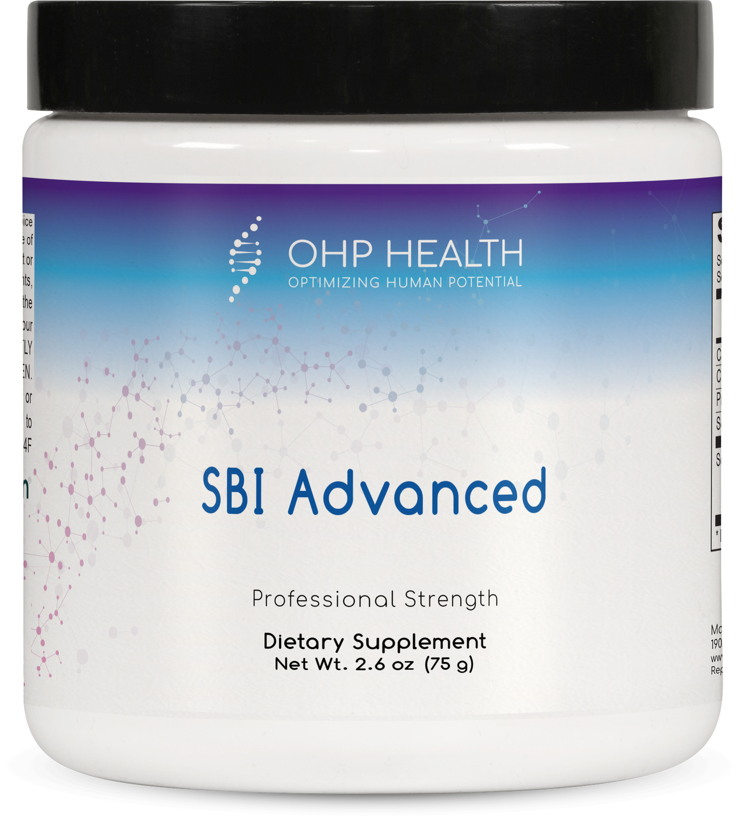 A white container labeled "SBI Advanced" by OHP Health, a professional strength dietary supplement for gut barrier health with immunoglobulins, net weight 2.6 oz (75 g).