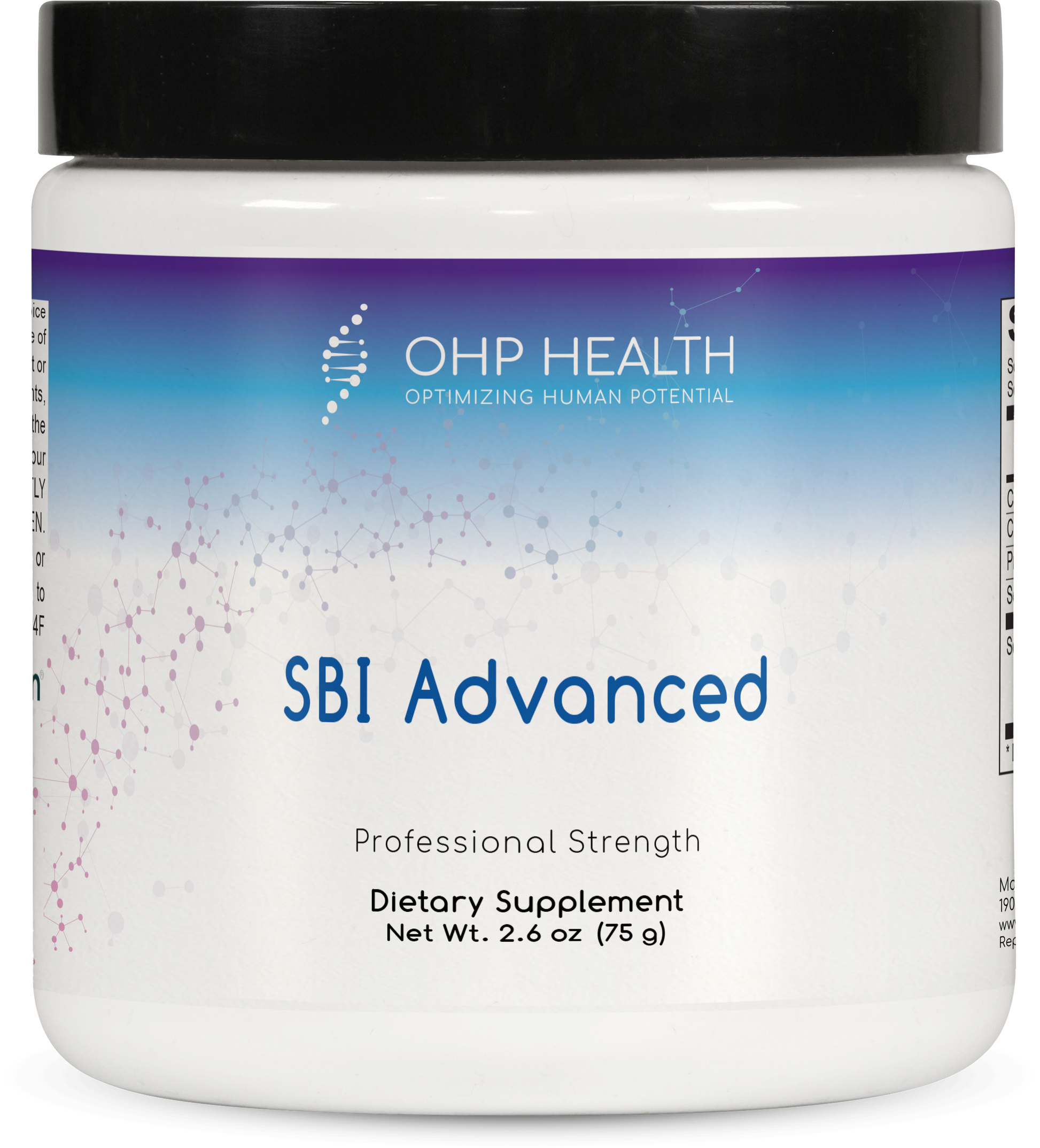 A white container labeled "SBI Advanced" by OHP Health, a professional strength dietary supplement for gut barrier health with immunoglobulins, net weight 2.6 oz (75 g).