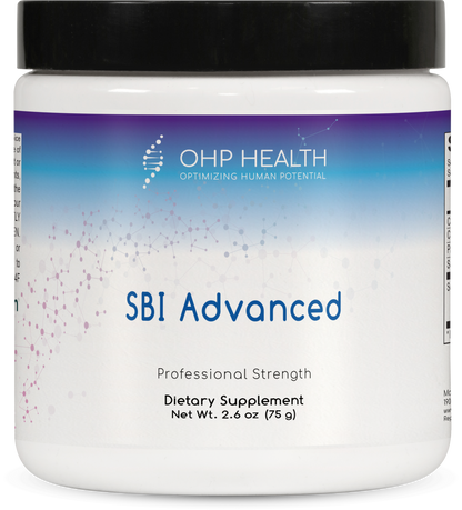 A white container labeled "SBI Advanced" by OHP Health, a professional strength dietary supplement for gut barrier health with immunoglobulins, net weight 2.6 oz (75 g).