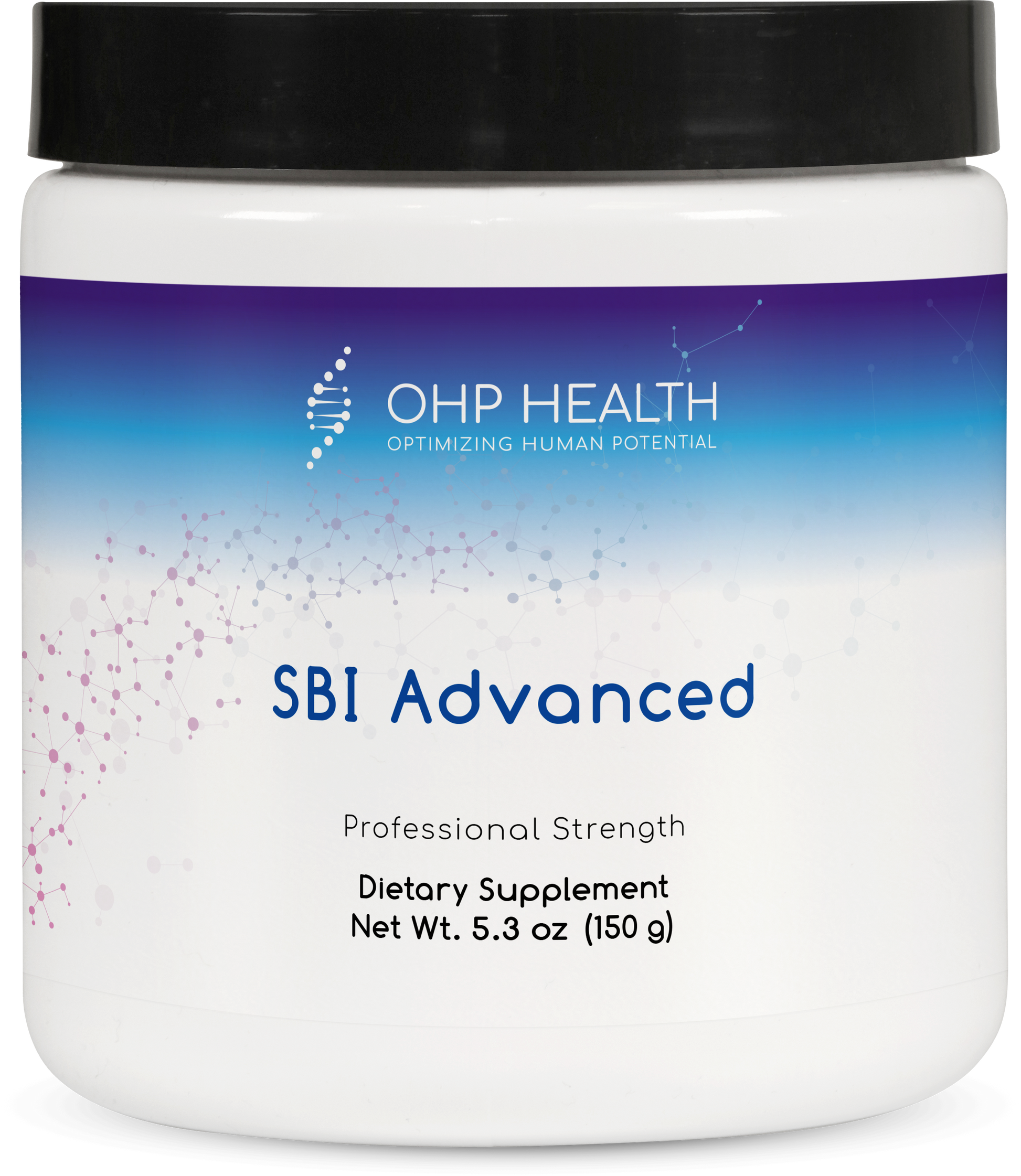 A white jar labeled "SBI Advanced" by OHP Health, a professional-strength dietary supplement for gut barrier health, net weight 5.3 oz (150 g), features a black lid and blue gradient design.