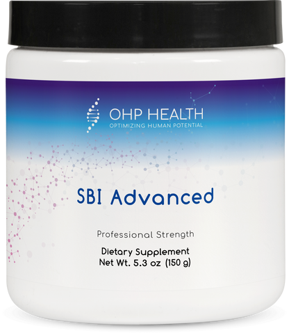 A white jar labeled "SBI Advanced" by OHP Health, a professional-strength dietary supplement for gut barrier health, net weight 5.3 oz (150 g), features a black lid and blue gradient design.
