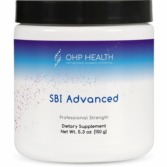 A white jar labeled "SBI Advanced" by OHP Health, a professional-strength dietary supplement for gut barrier health, net weight 5.3 oz (150 g), features a black lid and blue gradient design.