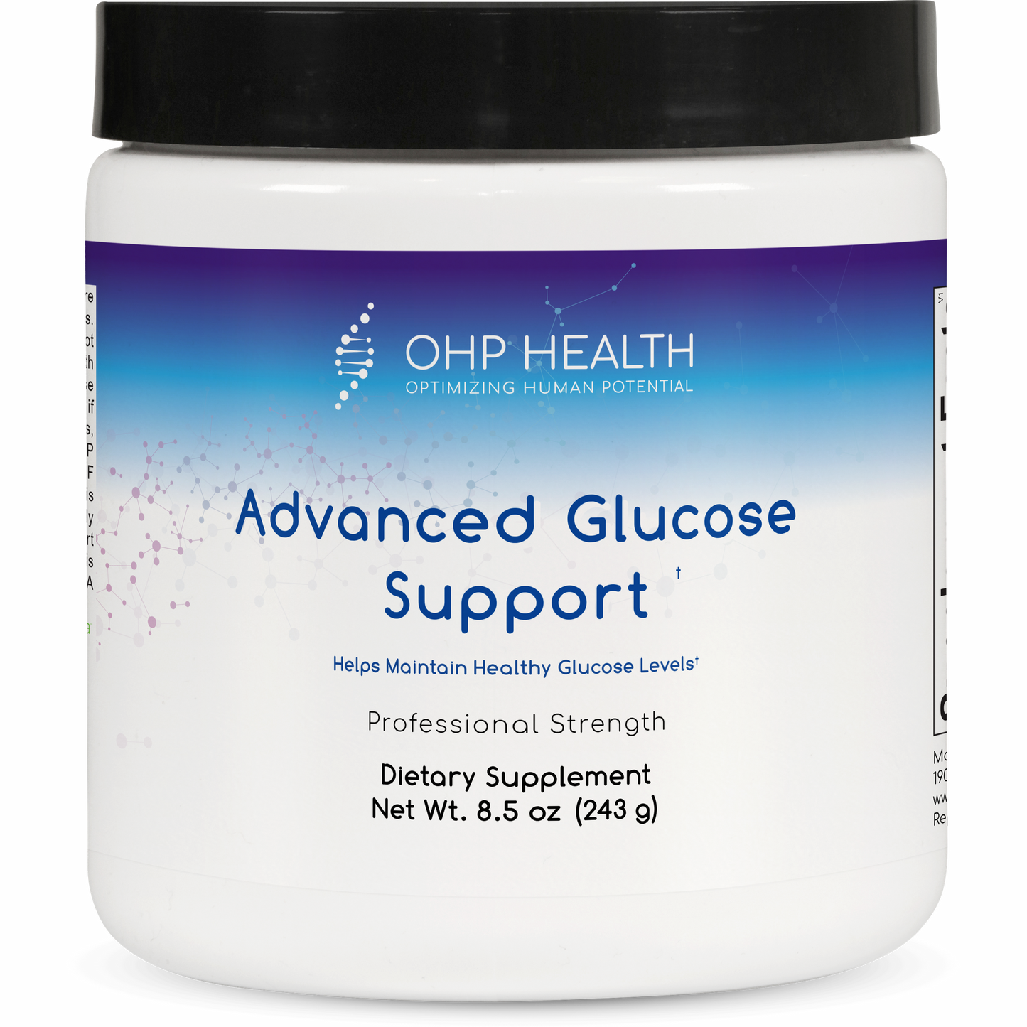 A white container labeled "OHP Health Advanced Glucose Support," 8.5 oz (30 servings), a dietary supplement for healthy glucose levels and metabolic support.
