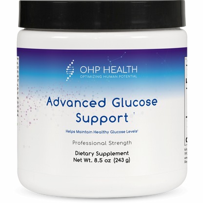 A white container labeled "OHP Health Advanced Glucose Support," 8.5 oz (30 servings), a dietary supplement for healthy glucose levels and metabolic support.