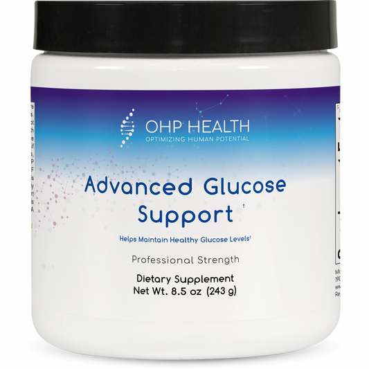 A white container labeled "OHP Health Advanced Glucose Support," 8.5 oz (30 servings), a dietary supplement for healthy glucose levels and metabolic support.
