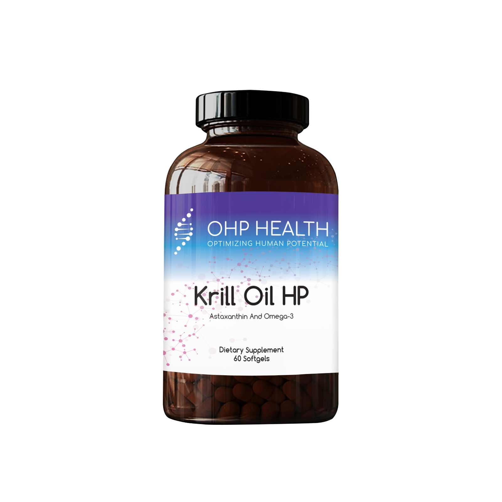 A bottle of Designs For Health Krill Oil HP dietary supplement with 60 softgels, featuring astaxanthin and omega-3.