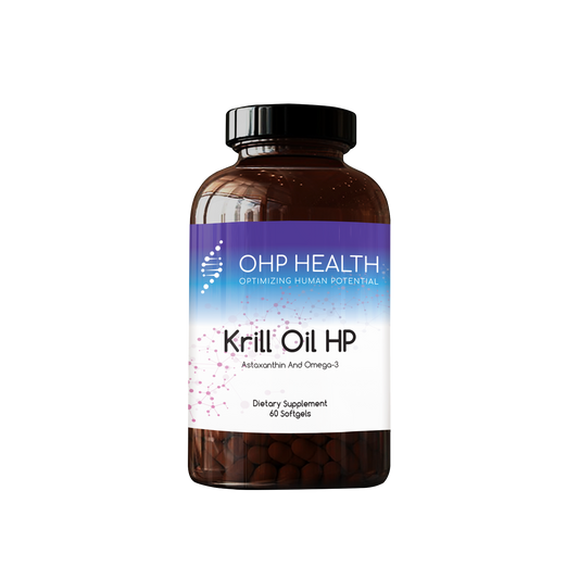 A bottle of Designs For Health Krill Oil HP dietary supplement with 60 softgels, featuring astaxanthin and omega-3.