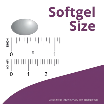 A single Krill Oil HP softgel from OHP Health—rich in omega-3s—is shown above rulers indicating its size is about 0.75 inches (2 cm); text reads "Softgel Size." Pack contains 60 softgels.