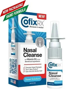 Box and bottle of CofixRX™ Povidone–Iodine Antipathogen Nasal Spray, with new packaging and added vitamin D3 for nasal health. This CofixRX spray supports immune defense and promotes daily respiratory wellness.