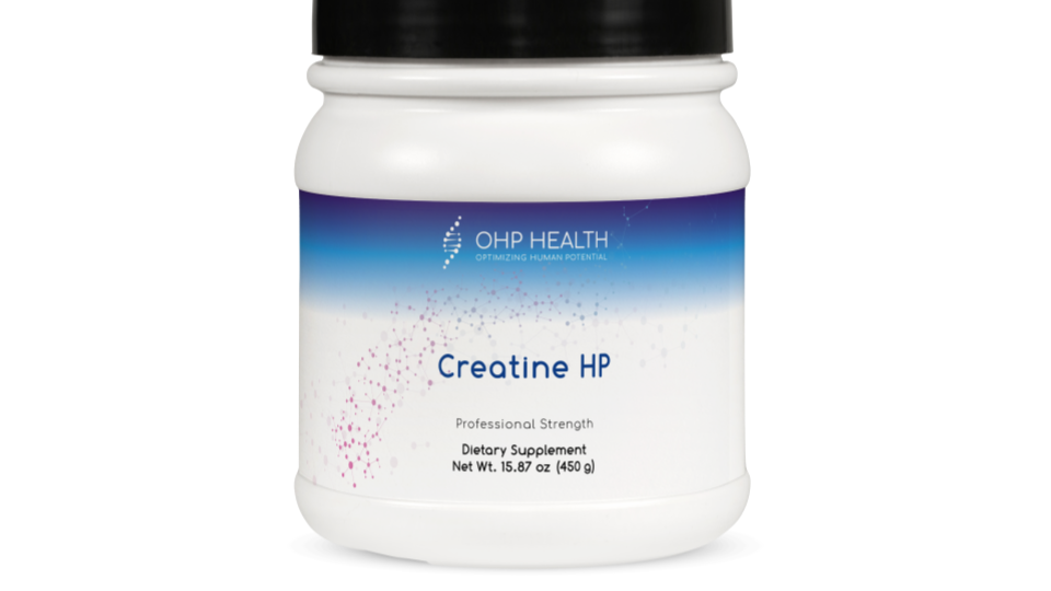 A white container labeled "Creatine HP | 90 servings" by OHP Health, a professional strength sports nutrition supplement featuring creatine monohydrate for energy production. Net weight: 15.87 oz (450 g).