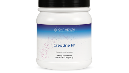 A white container labeled "Creatine HP | 90 servings" by OHP Health, a professional strength sports nutrition supplement featuring creatine monohydrate for energy production. Net weight: 15.87 oz (450 g).