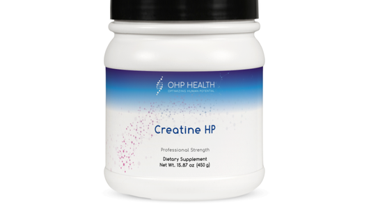 A white container labeled "Creatine HP | 90 servings" by OHP Health, a professional strength sports nutrition supplement featuring creatine monohydrate for energy production. Net weight: 15.87 oz (450 g).