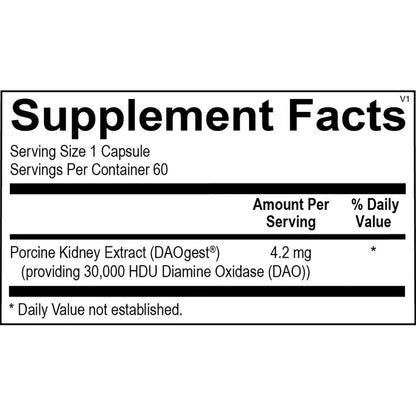 Hist Pro by OHP Health provides 4.2 mg Porcine Kidney Extract (DAOgest) per capsule, delivering 30,000 HDU Diamine Oxidase to support histamine degradation; daily value not established. Contains 60 capsules per bottle.