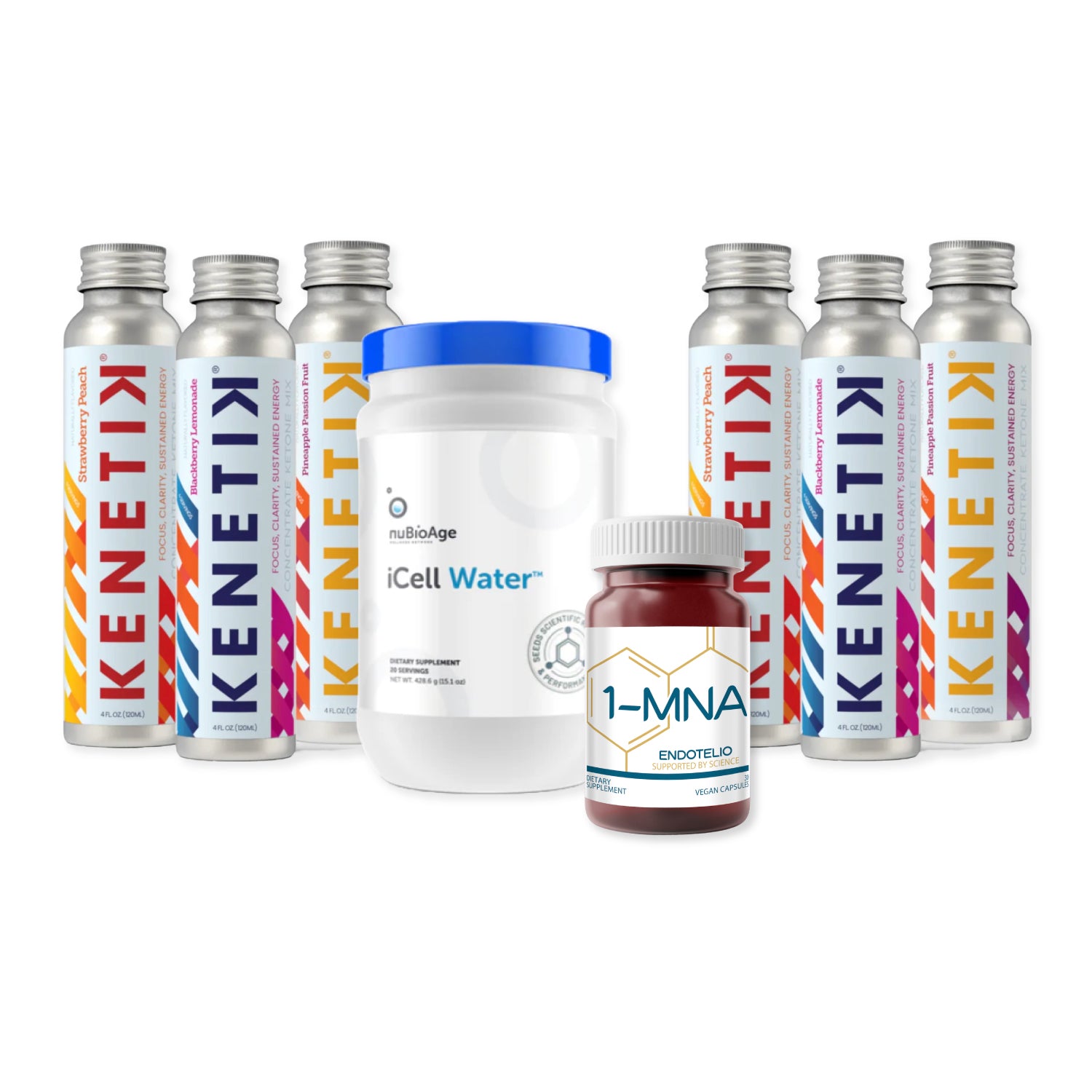 A collection of nutritional supplements from OHP Health includes the OHP Energy Bundle with Kenetik Ketones 6-Pack Assorted, a tub of iCell Water, and a jar labeled 1-MNA Enoktolo.