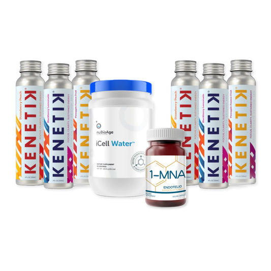 A collection of nutritional supplements from OHP Health includes the OHP Energy Bundle with Kenetik Ketones 6-Pack Assorted, a tub of iCell Water, and a jar labeled 1-MNA Enoktolo.