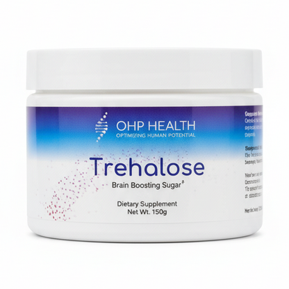 A 150g white container labeled "Trehalose - 30 Servings" by OHP Health, offered as a trehalose supplement to help support cognitive function.