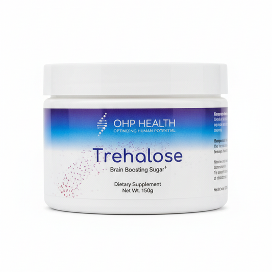 A 150g white container labeled "Trehalose - 30 Servings" by OHP Health, offered as a trehalose supplement to help support cognitive function.