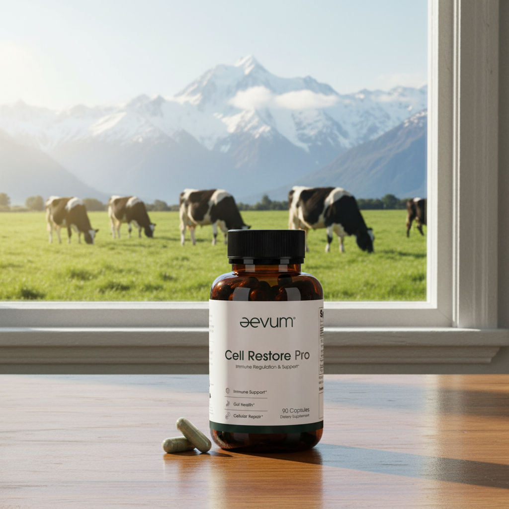 A bottle of Aevum Cell Restore Pro 30 Caps sits on a wooden table with two capsules beside it, cows grazing in a mountain field visible through a window—ideal for supporting immune health.