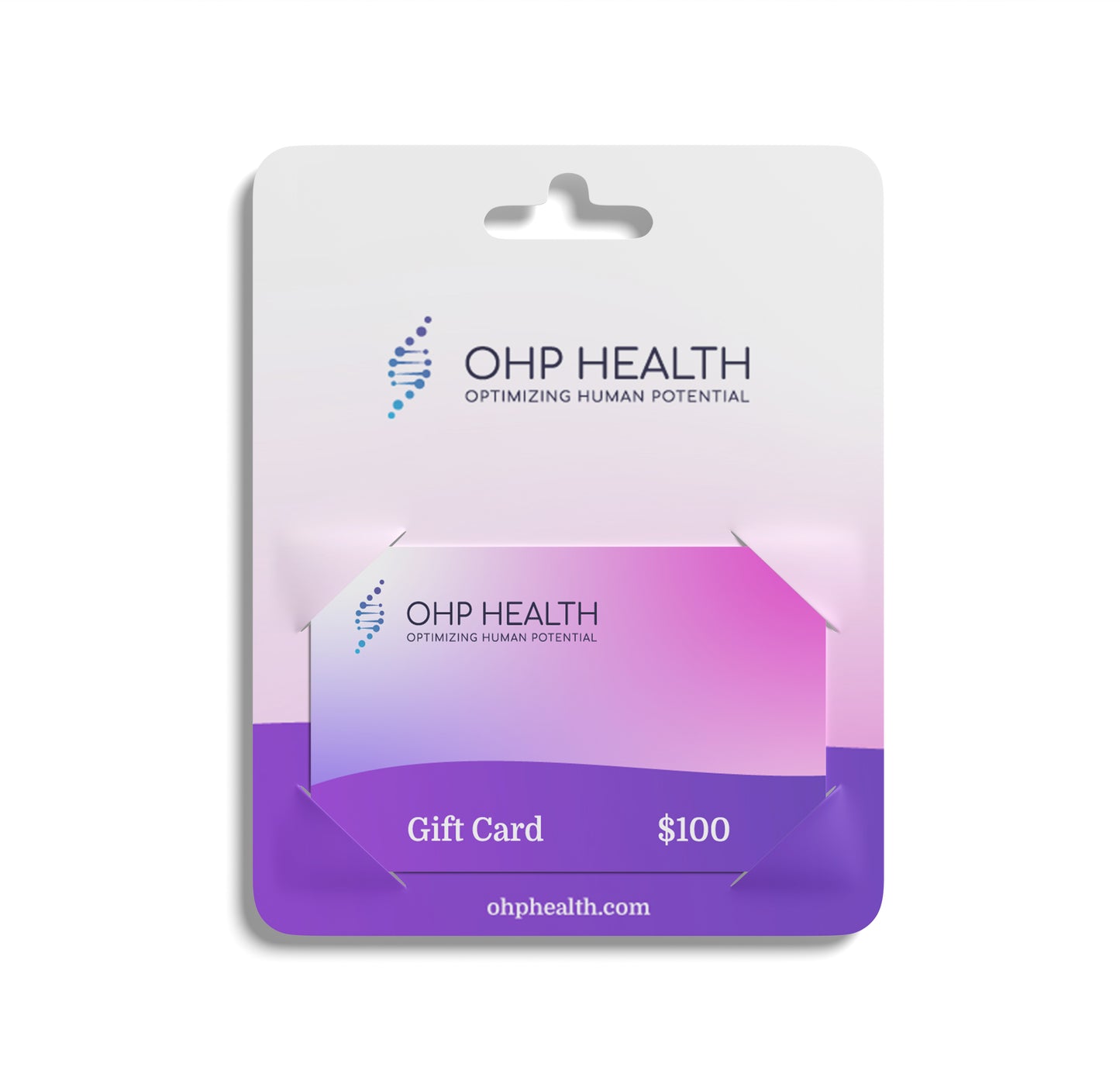 The OHP Health $100 gift card, in a purple and white package marked with "Optimizing Human Potential," offers you a path to better health. Use this electronic gift card to start your wellness journey today.