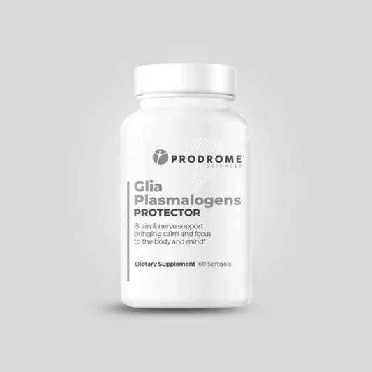 A bottle of ProdromeGlia Plasmalogen Supplement, the ultimate plasmalogen supplement for protecting glia membranes.