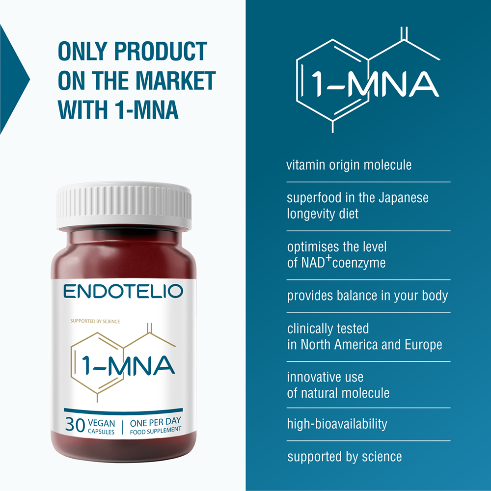 A bottle of OHP Health's Endotelio 1-MNA vegan capsules is highlighted, noting its benefits like optimizing NAD levels, acting as a Japanese superfood, and supporting vascular endothelium with high bioavailability.