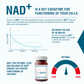 Infographic explaining the role of NAD+ in cell function, with a graph showing declining NAD levels with age and showcasing OHP Health's Endotelio 1-MNA supplement to help maintain optimal levels and support vascular endothelium health.