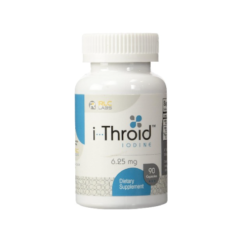 A bottle of i-Throid Iodine | 6.25mg 90 count by RLC Labs on a white background.