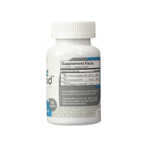A bottle of i-Throid Iodine supplement for longevity and lifespan by RLC Labs on a white background.