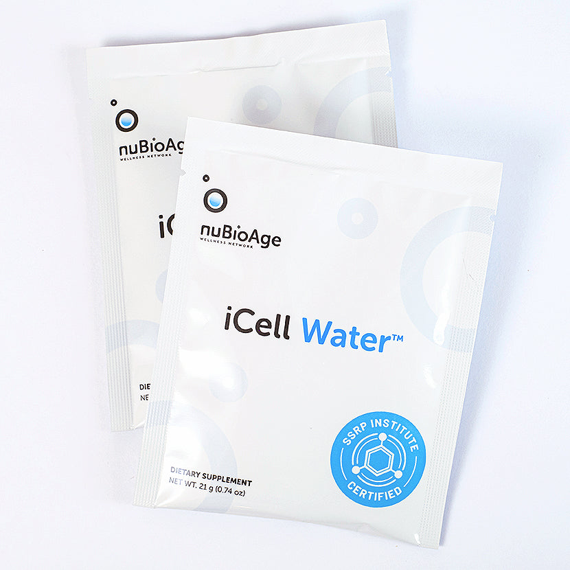Two white packets labeled "OHP Health iCell Water" with a blue certification badge on the front. Each 21g (0.74 oz) dietary supplement supports cellular hydration with amino acid osmolytes for enhanced wellness.