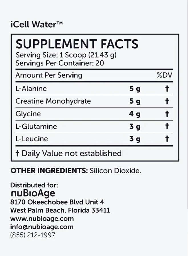 Supplement facts label for OHP Health iCell Water shows per serving amounts of amino acid osmolytes—L-Alanine, Creatine Monohydrate, Glycine, L-Glutamine, and L-Leucine—for cellular hydration. Contact info: nuBioAge.