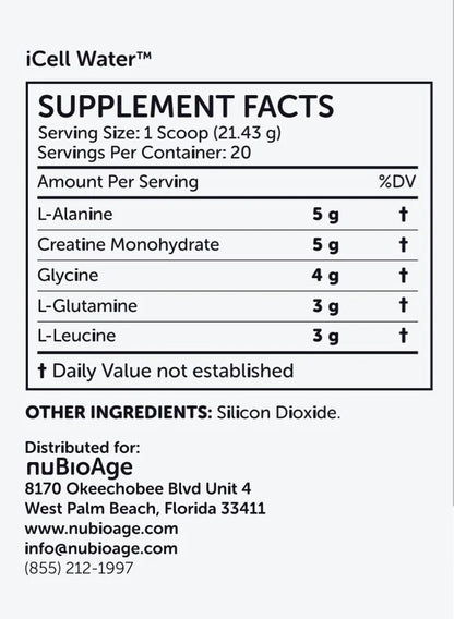 Supplement facts label for OHP Health iCell Water shows per serving amounts of amino acid osmolytes—L-Alanine, Creatine Monohydrate, Glycine, L-Glutamine, and L-Leucine—for cellular hydration. Contact info: nuBioAge.