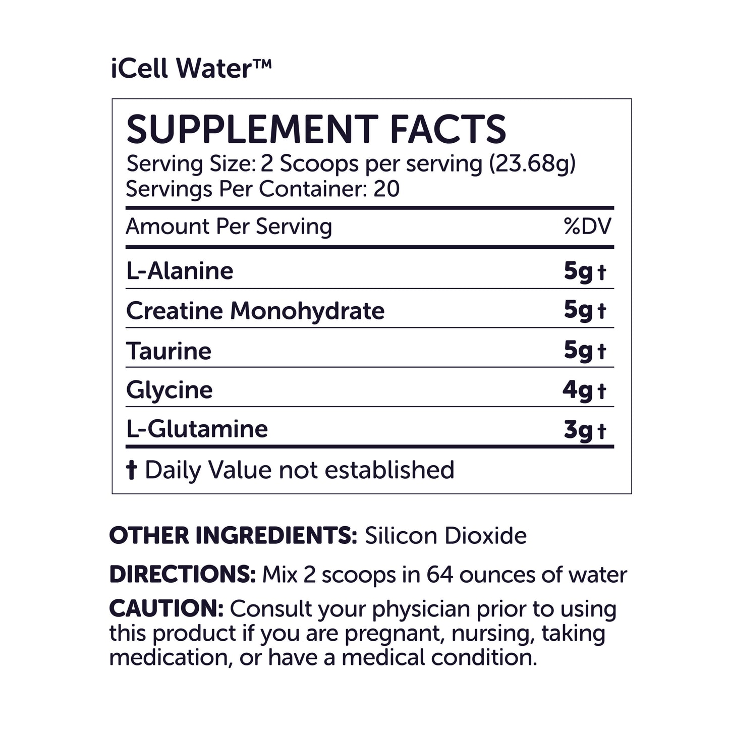 OHP Health iCell Water supplement facts: Amino drink for cell hydration. Ingredients listed; includes creatine. Serving size: 2 scoops in 64 oz water. Directions provided. Consult a physician if needed before use.