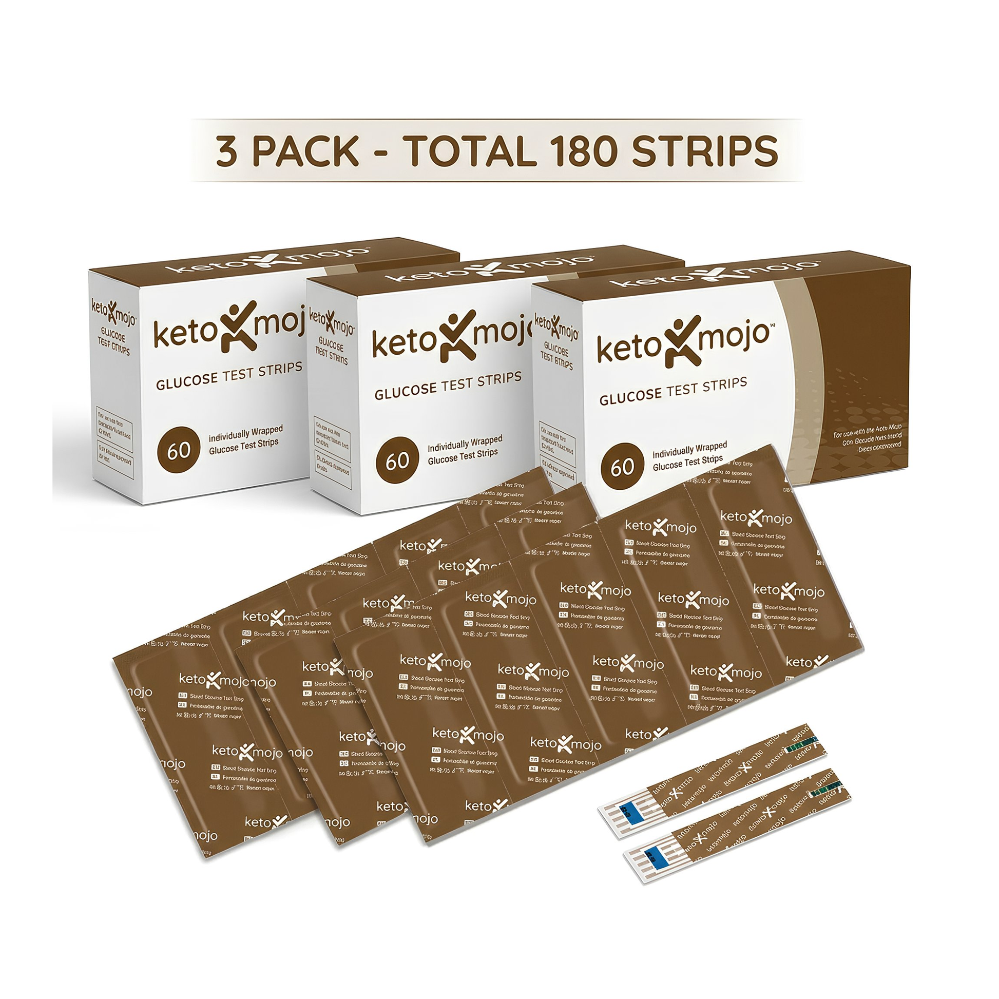 Three boxes of Keto Mojo Glucose Test Strips (60-pack each), several individually wrapped strips, and two unwrapped strips are displayed—ideal for your blood sugar monitor. Label states "3 Pack - Total 180 Strips.