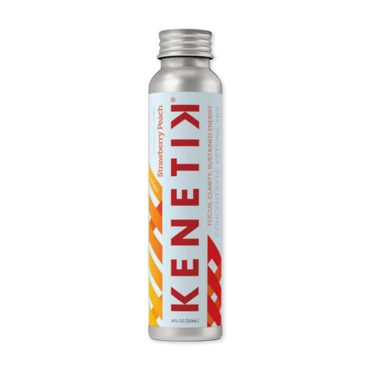 A 4 fl oz bottle of Kenetik Ketone Concentrate by OHP Health, featuring a slim, silver container with colorful geometric design and text, providing brain-boosting benefits in a Strawberry Peach bioidentical ketone drink.