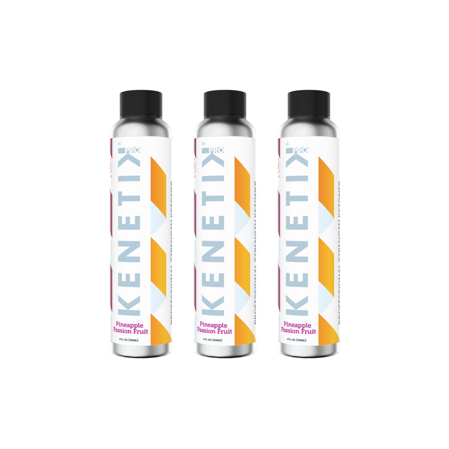 Three bottles from the KenetikPro Ketone Concentrate 3-Pack, labeled with the brand name "KenetikPro," featuring a pineapple passion fruit flavor design and infused with ketones for enhanced brain health.