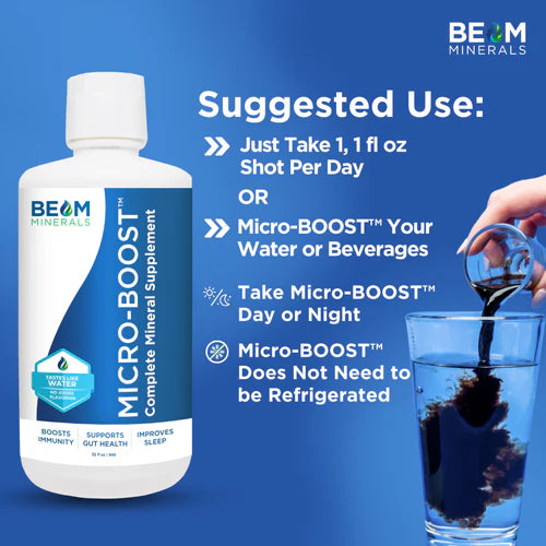 A bottle of BEAM MINERALS Micro-BOOST sits beside a glass of water being poured, emphasizing its bioavailable mineral content for micronutrient support; usage instructions are shown nearby.