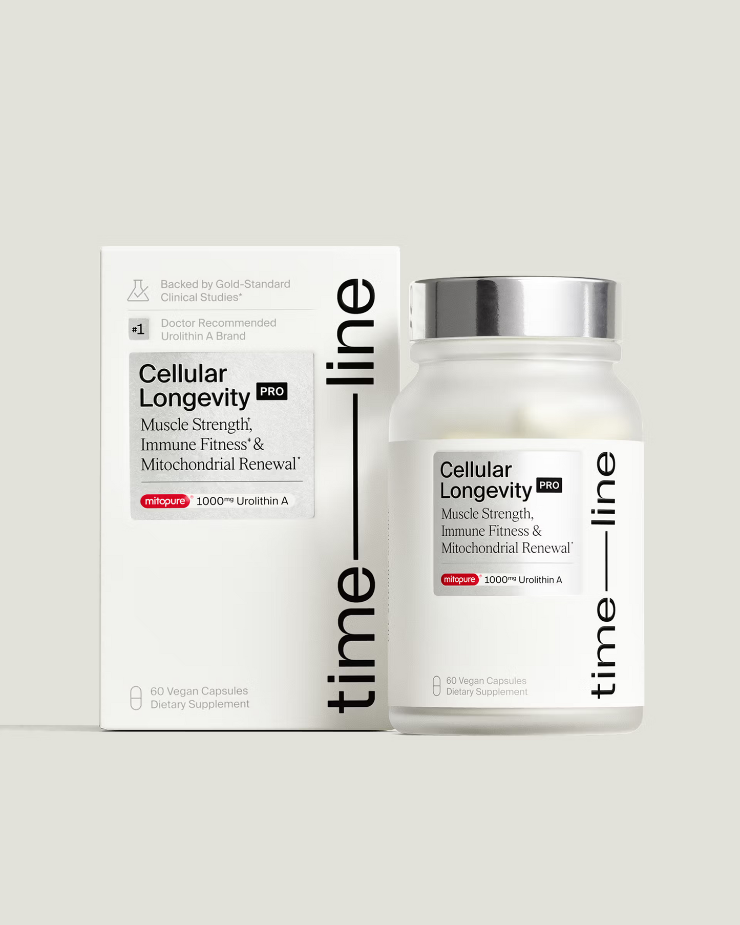 A bottle and box of Time-Line Cellular Longevity Pro | 60 Capsules dietary supplement, displaying branding and product details on a light background.