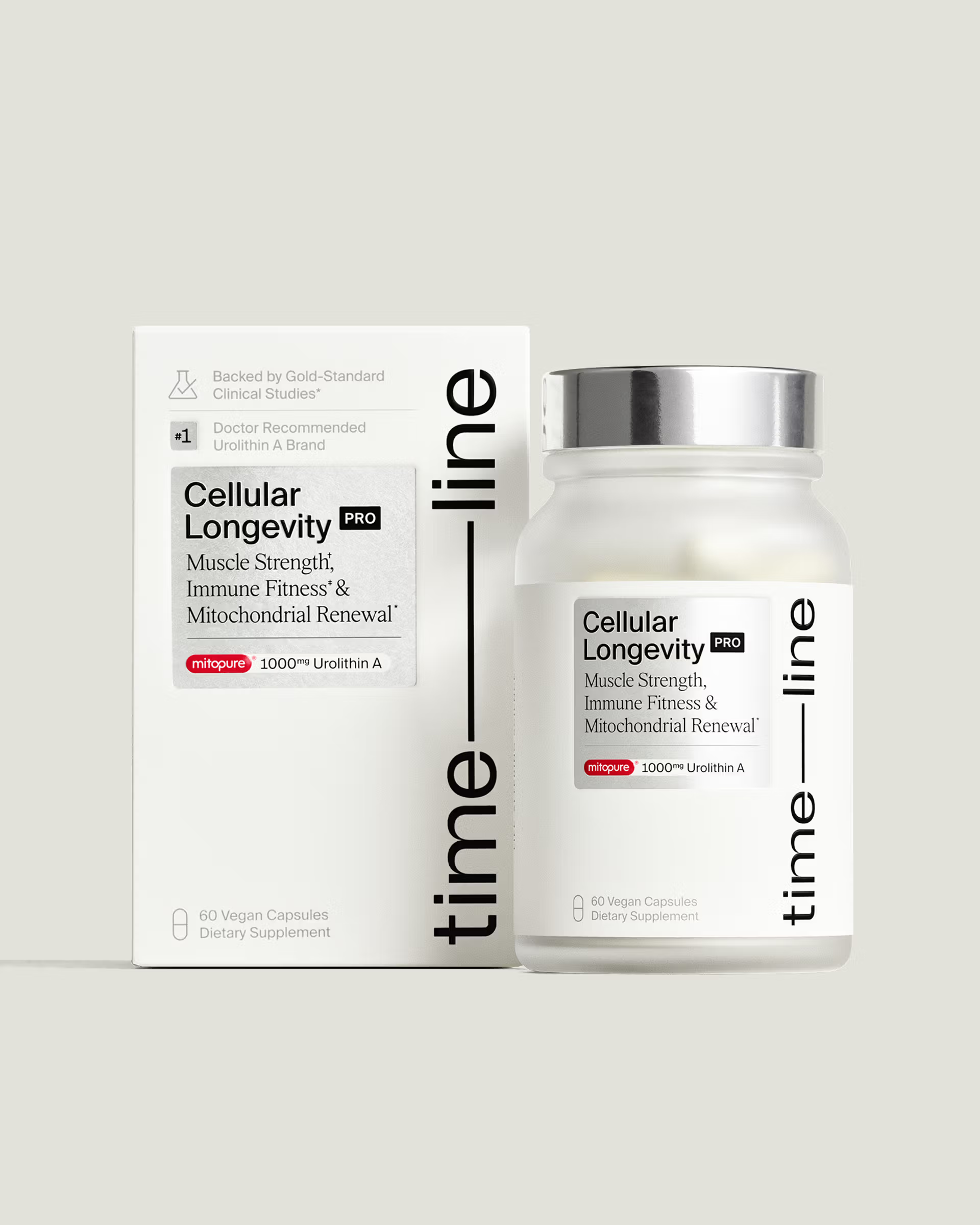 A bottle and box of Time-Line Cellular Longevity Pro | 60 Capsules dietary supplement, displaying branding and product details on a light background.