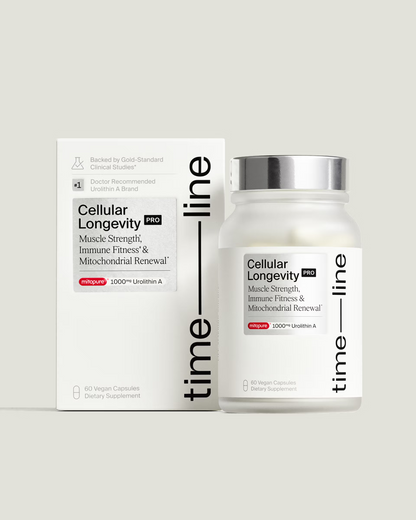 A bottle and box of Time-Line Cellular Longevity Pro | 60 Capsules dietary supplement, displaying branding and product details on a light background.