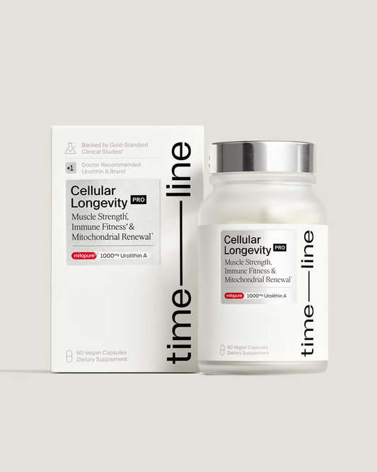 A bottle and box of Time-Line Cellular Longevity Pro | 60 Capsules dietary supplement, displaying branding and product details on a light background.