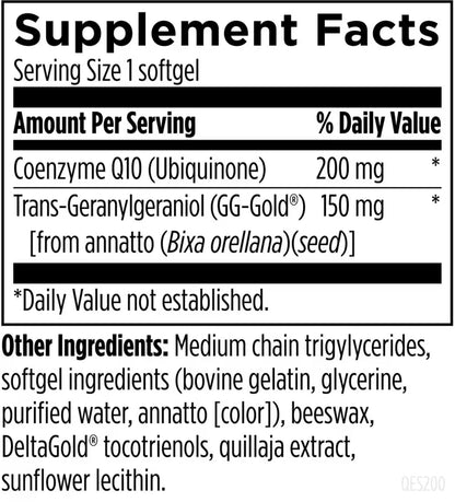 OHP Health CoQ Gen | 200mg features a Supplement Facts label with 200 mg CoQ10 and 150 mg Trans-Geranylgeraniol per serving to support cellular energy and cardiovascular health; see below for additional ingredients.