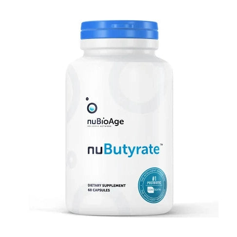 NuBioAge nuButyrate | 60 Capsules features a white bottle with a blue and white cap, labeled "#1 Postbiotic" for digestive and gastrointestinal health, offering Tributyrin support as a dietary supplement.