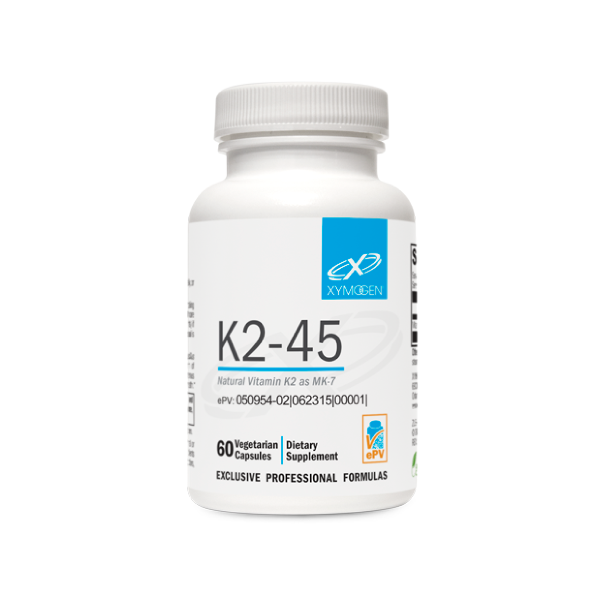 Xymogen K2-45 | 45mcg 60 count, a bioavailable and bioactive form of supplemental vitamin K2, displayed on a white background. This bottle supports bone and heart health.