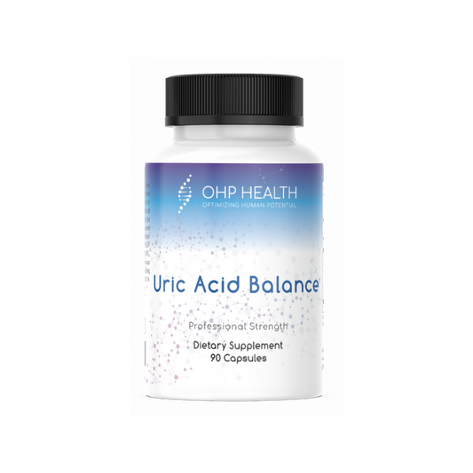 Bottle of Uric Acid Balance by OHP Health, a professional strength dietary supplement with 90 capsules for maintaining healthy uric acid levels.