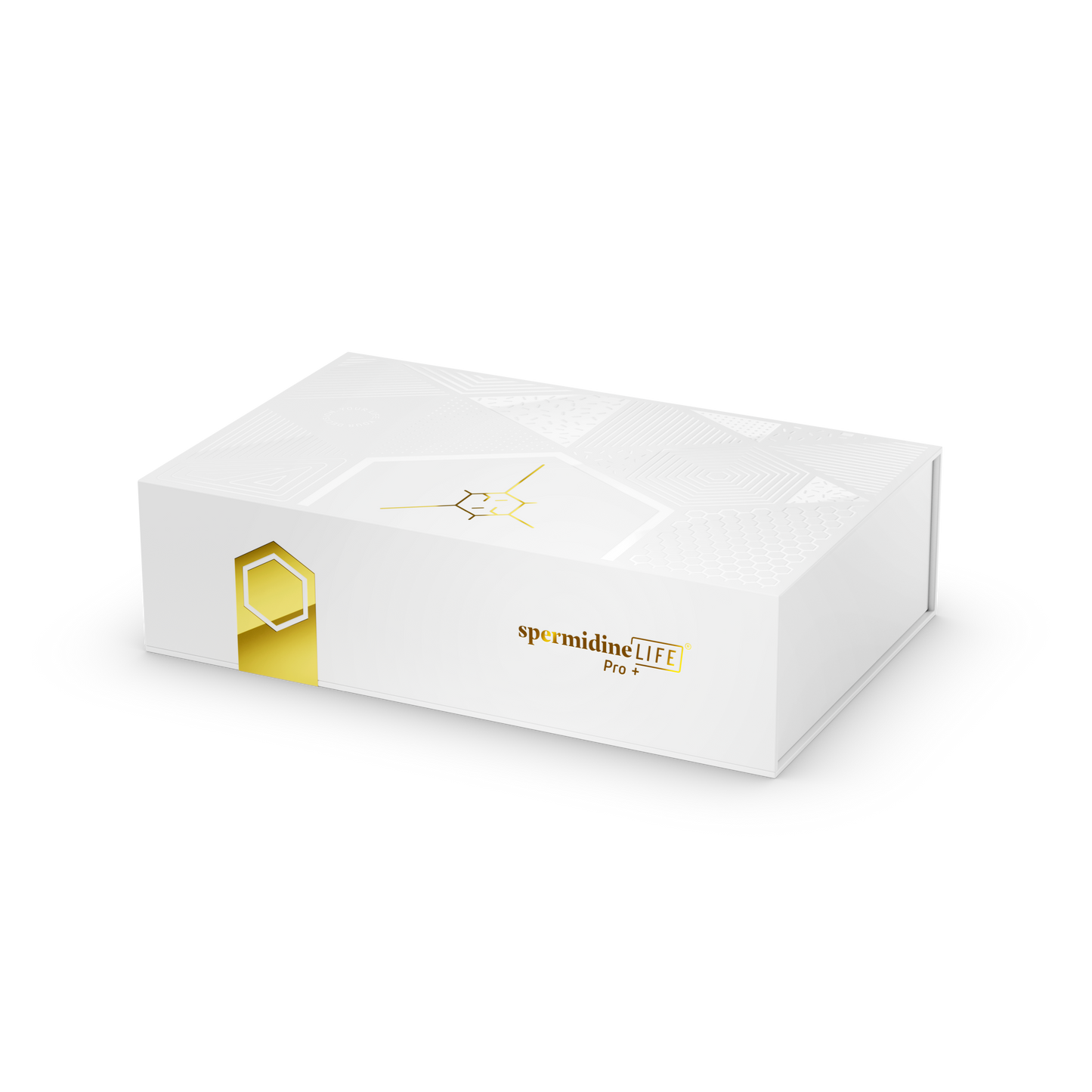 A white box with a gold logo on it, containing the spermidineLIFE PRO+ 4800mg | 30 Pack.