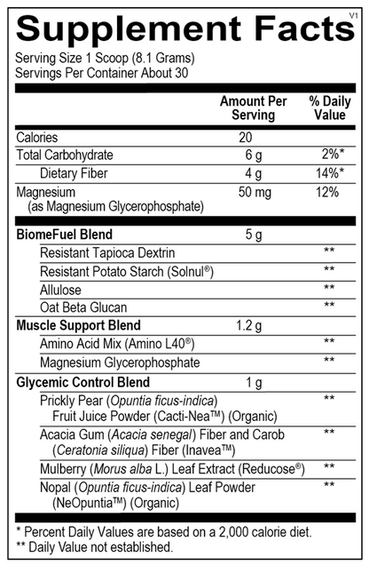 OHP Health Advanced Glucose Support (8.5 oz, 30 servings) Supplement Facts label lists nutrition and ingredients per serving, including calories, carbs, dietary fiber, magnesium, and proprietary blends for glucose and metabolic health.