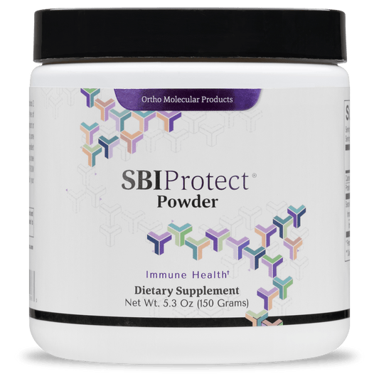 A 5.3oz container of Ortho Molecular Products SBI Protect Powder dietary supplement, designed for immune health and gut barrier support.